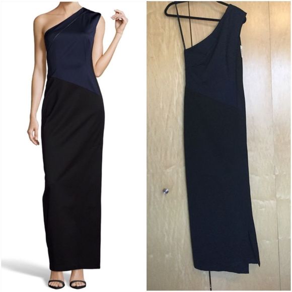 Shoshanna Black And Navy Crepe One-Shoulder - Picture 2 of 9